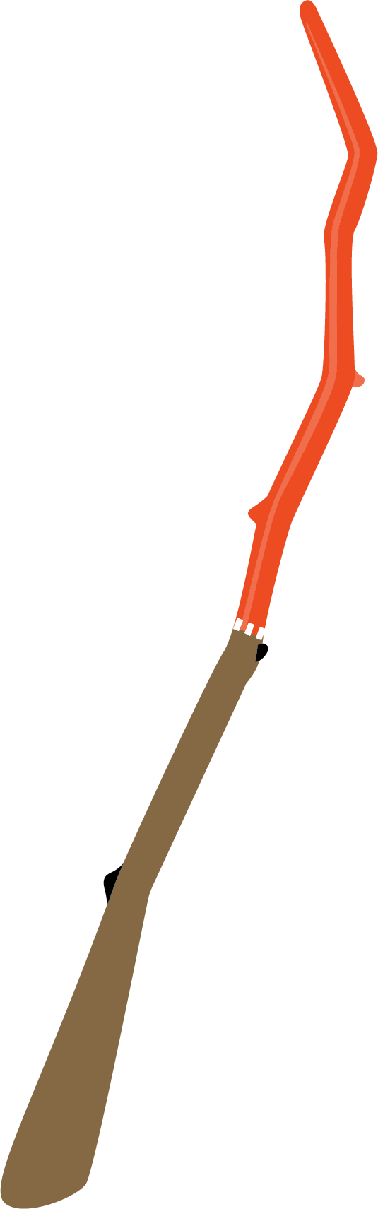 An illustration of a fishing rod with a brown handle, orange rod section, and a black reel.