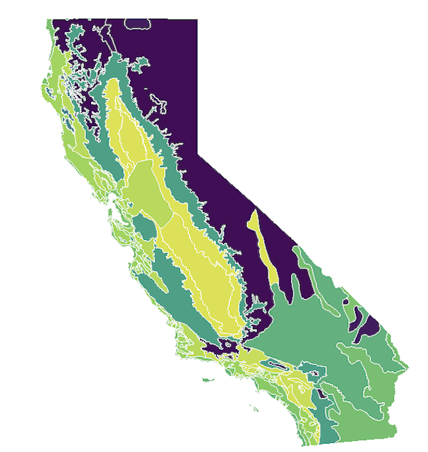 Color-coded map of California showing different regions and protected areas.