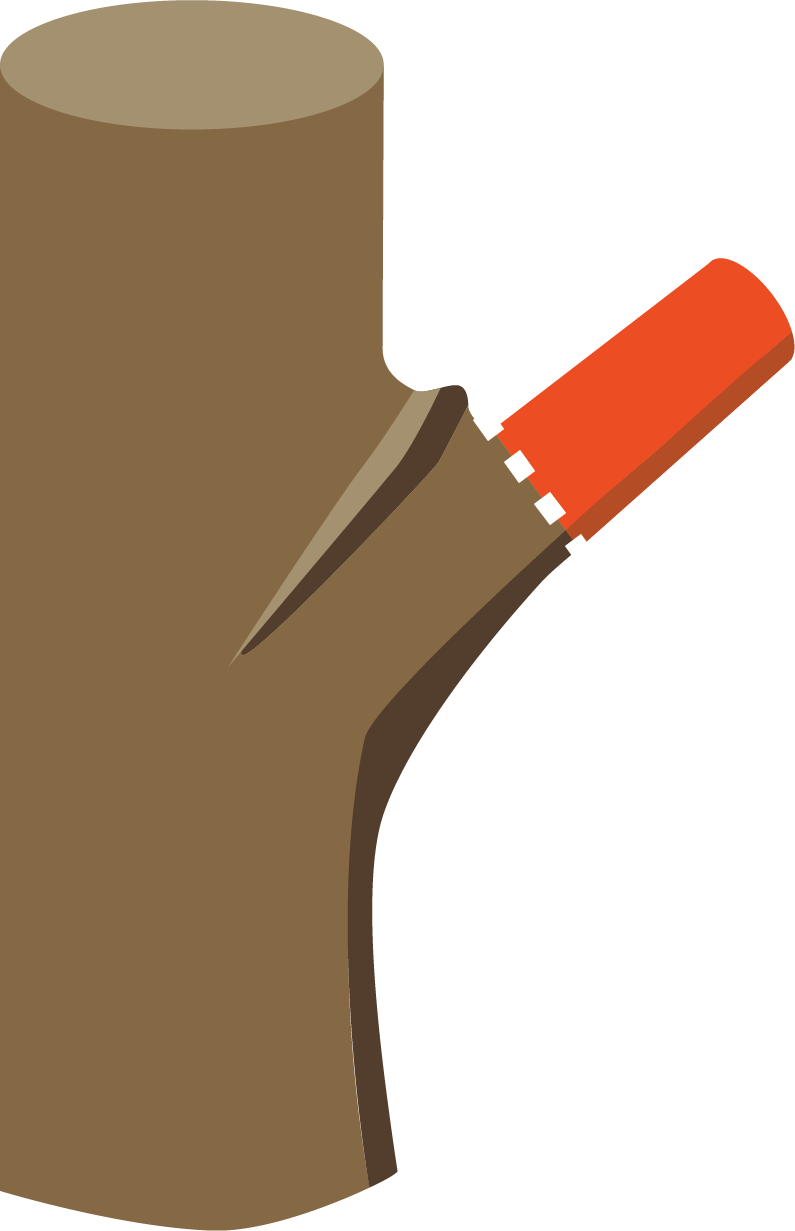 Illustration of a tree trunk with a saw kerf and a red axe embedded in the wood.