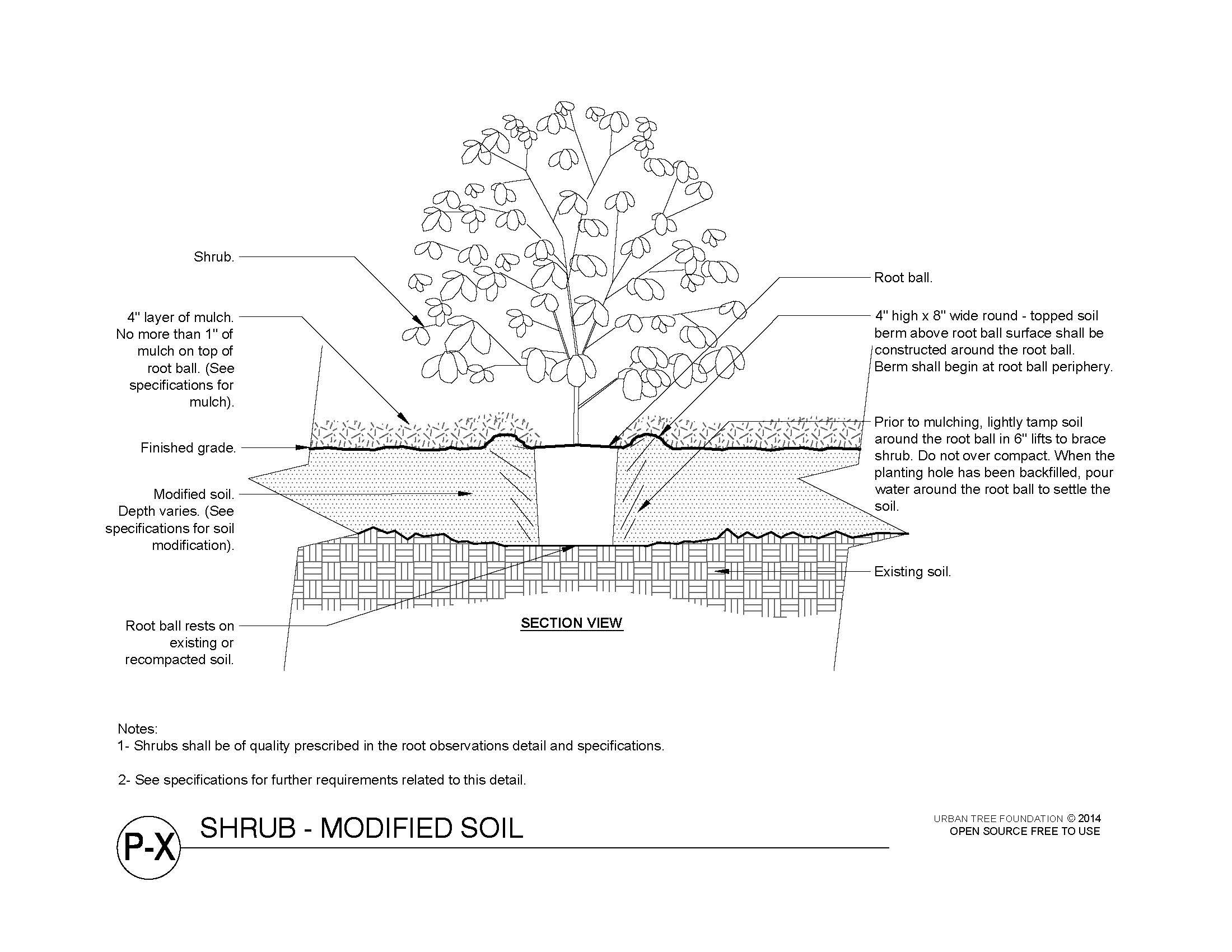 A technical diagram of tree staking with instructions and measurements, divided into plan view and section view, showing lodge pole staking with rubber ties and removal instructions for nursery stakes.
