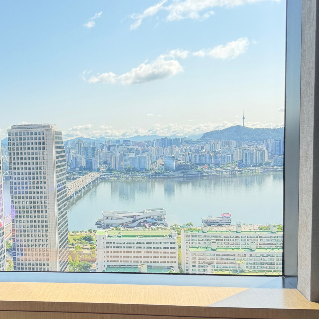 View of the Han River and N Seoul Tower from our room at Conrad Seoul.