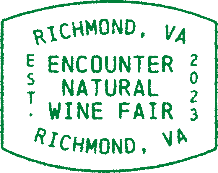 Green vintage-style sign reading “Richmond, VA’s Encounter 2023 Natural Wine Fair”
