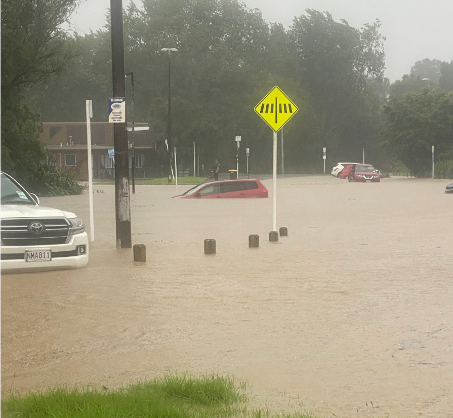 Cars sit in a flooded carpark, wooden bollards sticking up out of the water up to the windows on some. A small grassy patch is seen at the bottom of the screen. There is a yellow road crossing sign, and trees in the distance.