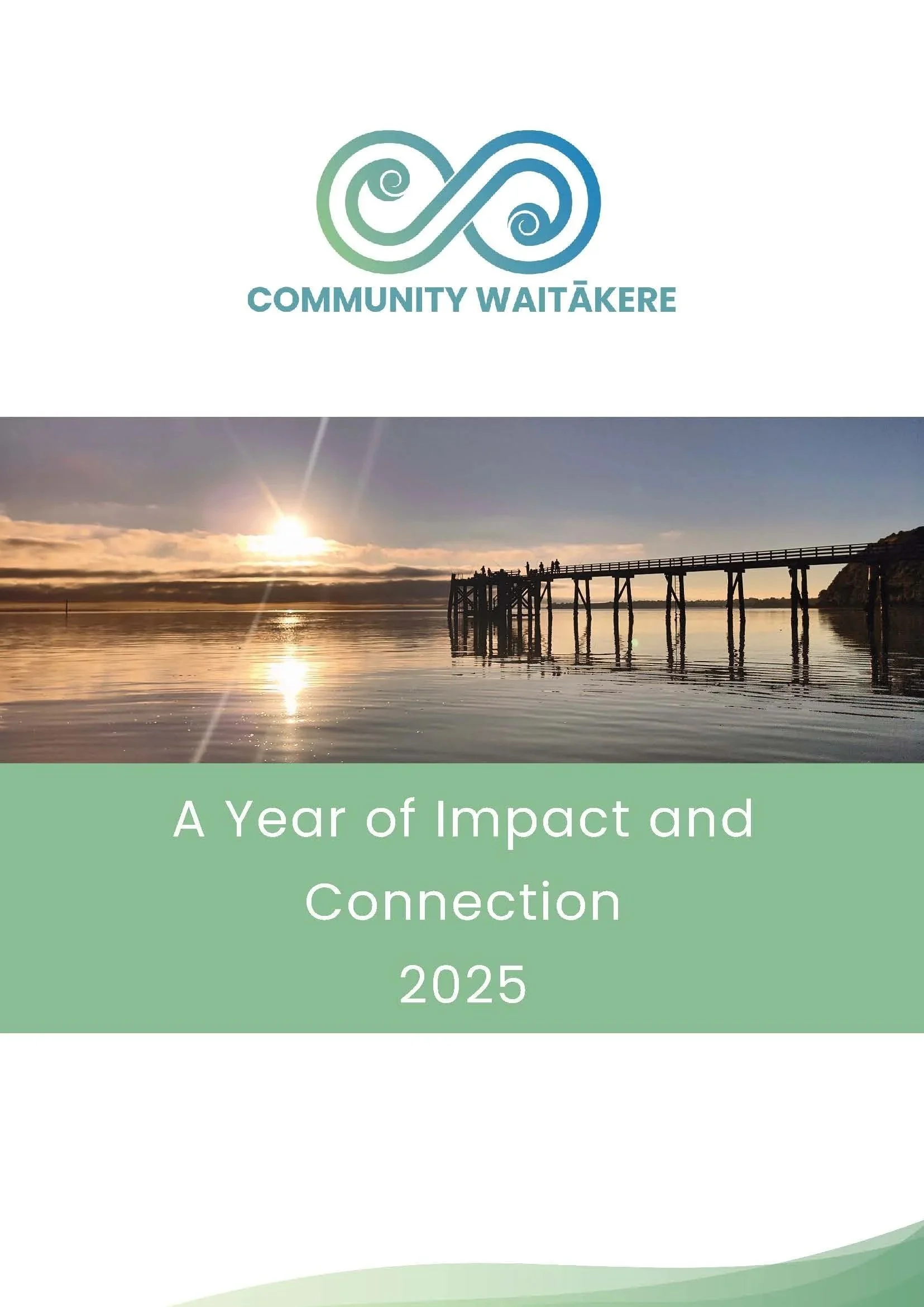 Cover page of a report titled 'A Year of Impact and Connection 2025' with a sunset over a pier on a calm body of water.