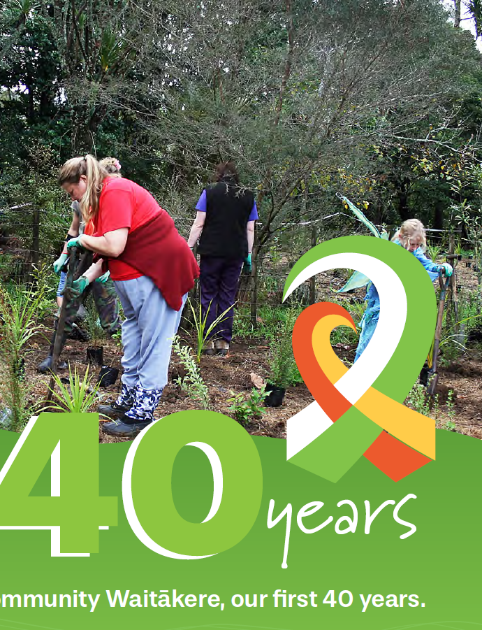 Group of people planting trees in a wooded area, celebrating 40 years of Community Waitākere.