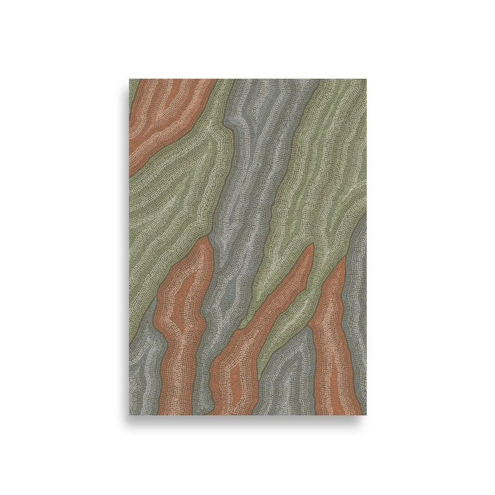 Bark Whispers art print by Danielle Leedie Gray: flowing bands of dots in green, grey and orange-brown representing the layers of the Eucalyptus Tree