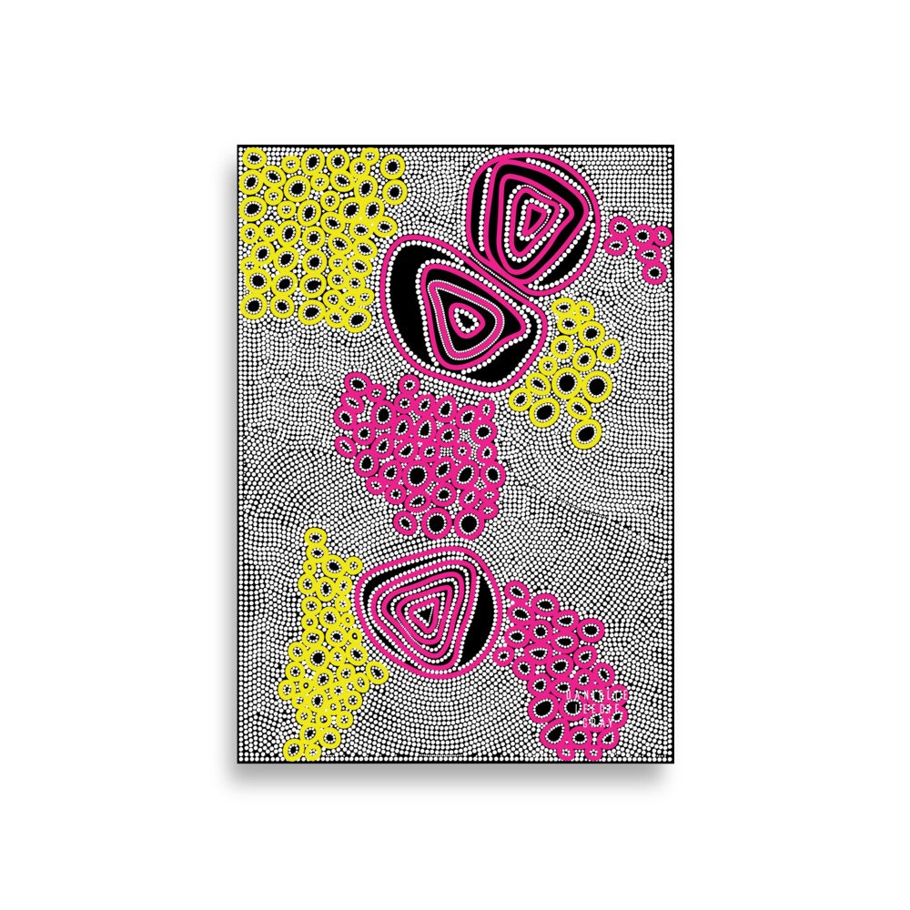 Sisters art print by Danielle Leedie Gray: pink and yellow dot-work shapes on a black and white dotted background