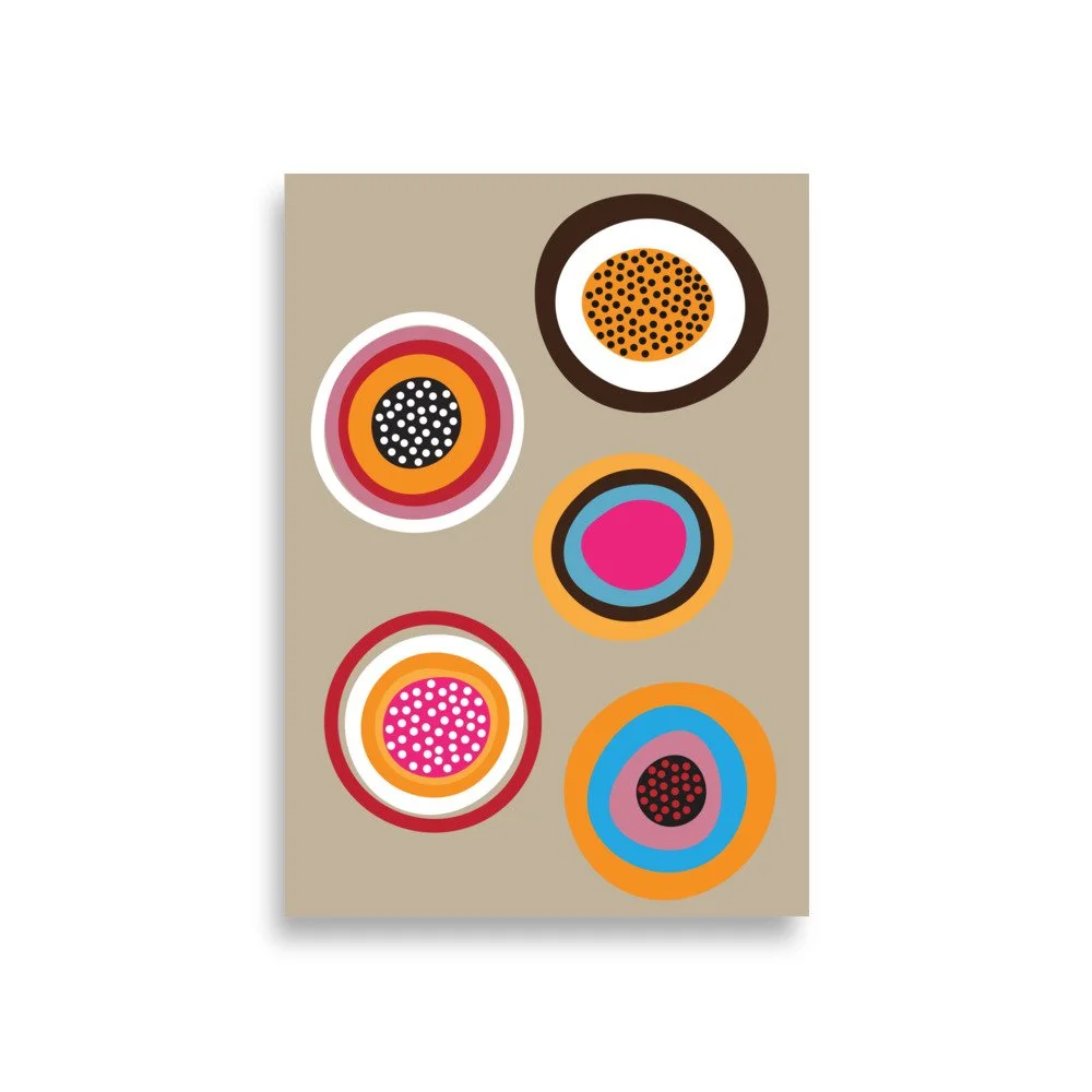 Gundi (Home) art print by Danielle Leedie Gray: colourful concentric dot-work circles on a warm beige background