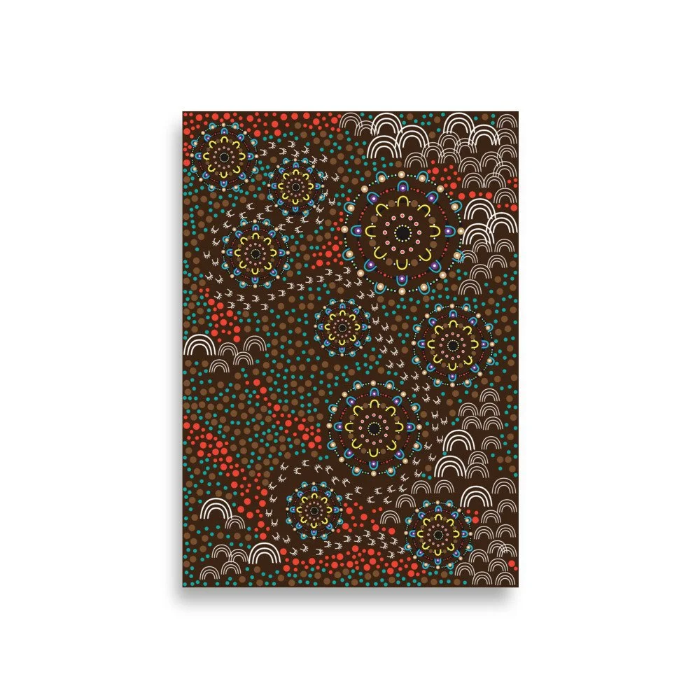 Colours of Wakka Wakka Country art print by Danielle Leedie Gray: dot-work circles, tracks and white symbols on a dark brown background, representing South Burnett communities and the Bunya Mountains