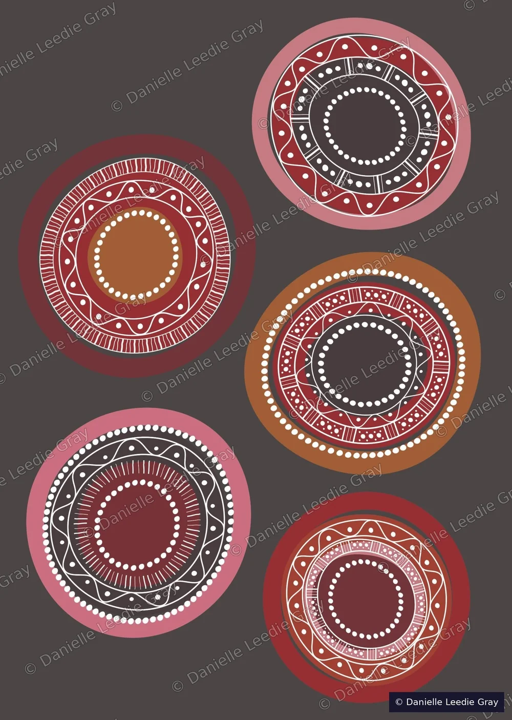 Embers by Danielle Leedie Gray: five patterned circles in rose, red and ochre on a charcoal background