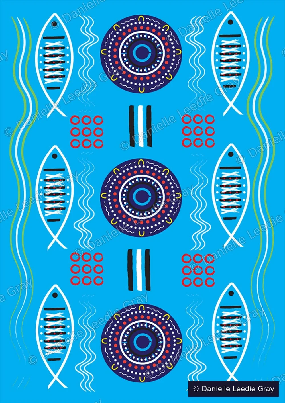 Same Waters by Danielle Leedie Gray: white fish, wavy water lines and three patterned navy circles on bright blue