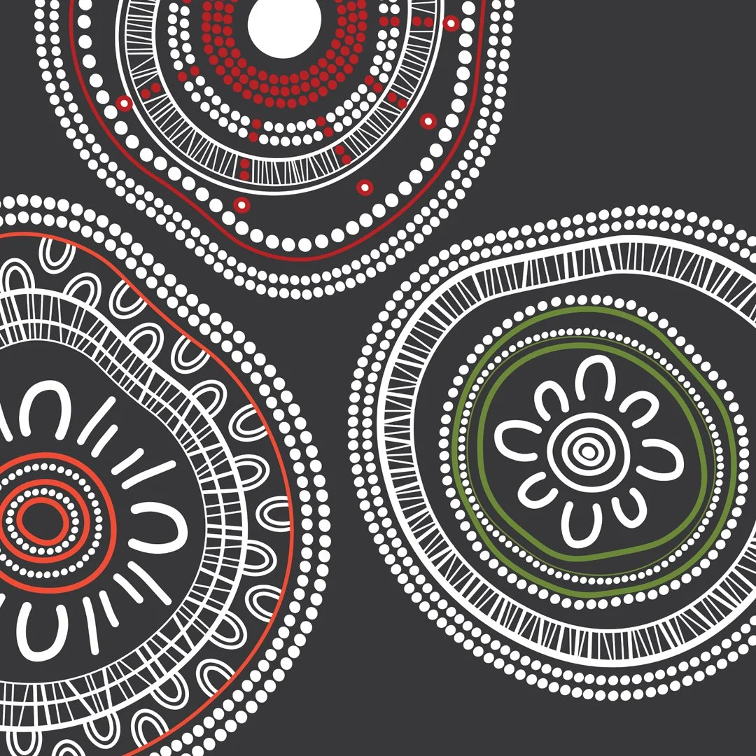 Veris Reflect Reconciliation Action Plan artwork by Danielle Leedie Gray: three circular designs in orange, green and red on charcoal