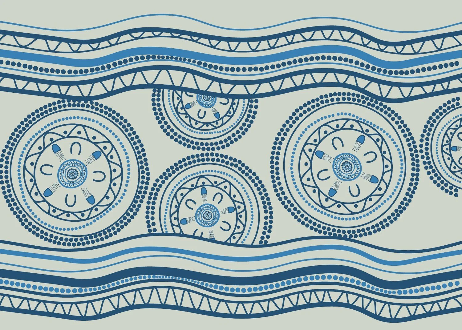 Cover artwork for Arup by Danielle Leedie Gray: blue patterned circles between flowing bands of water lines on a pale sage background