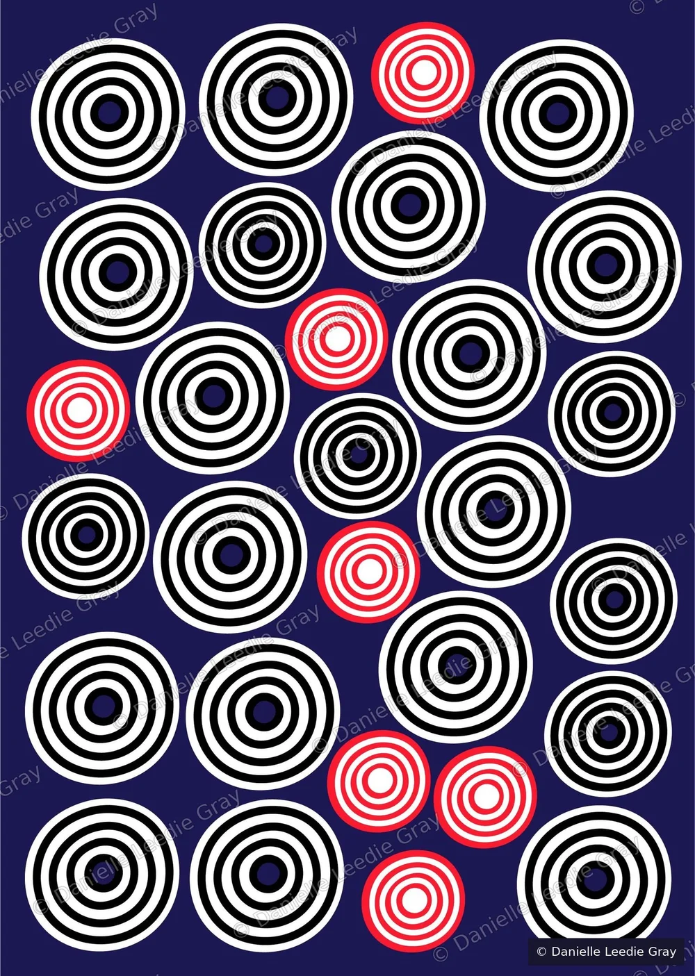 Many Voices by Danielle Leedie Gray: black and white concentric circles on navy, with smaller red and white circles throughout