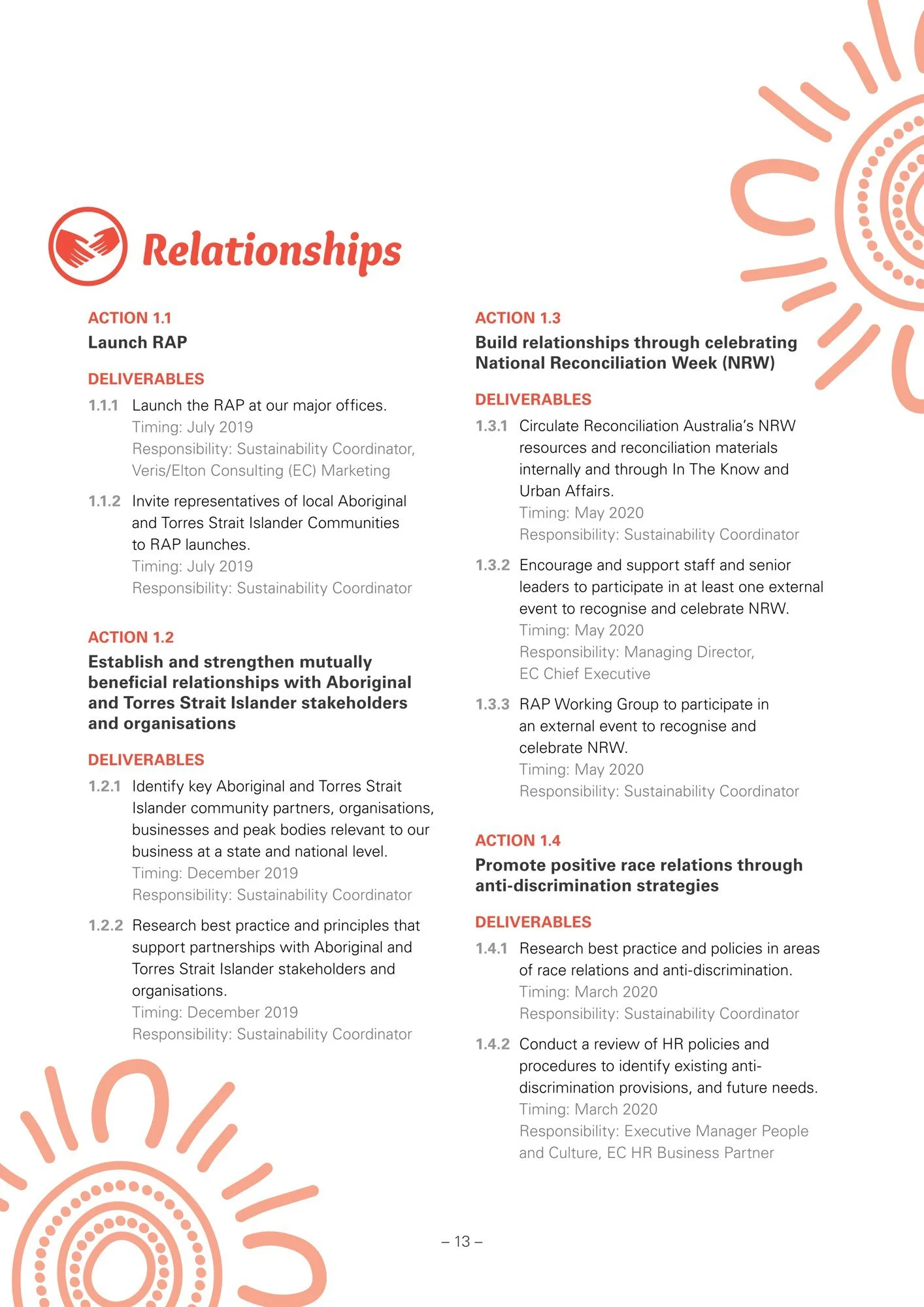 Inside page of the Veris Reflect RAP showing the Relationships section with sun motifs