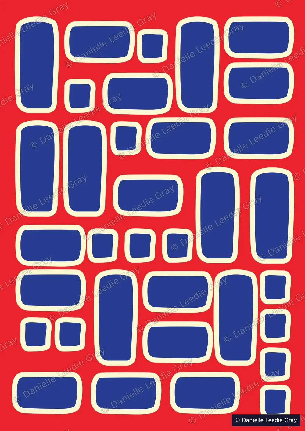 Gathering Place by Danielle Leedie Gray: rounded blue shapes with cream outlines arranged across a red background
