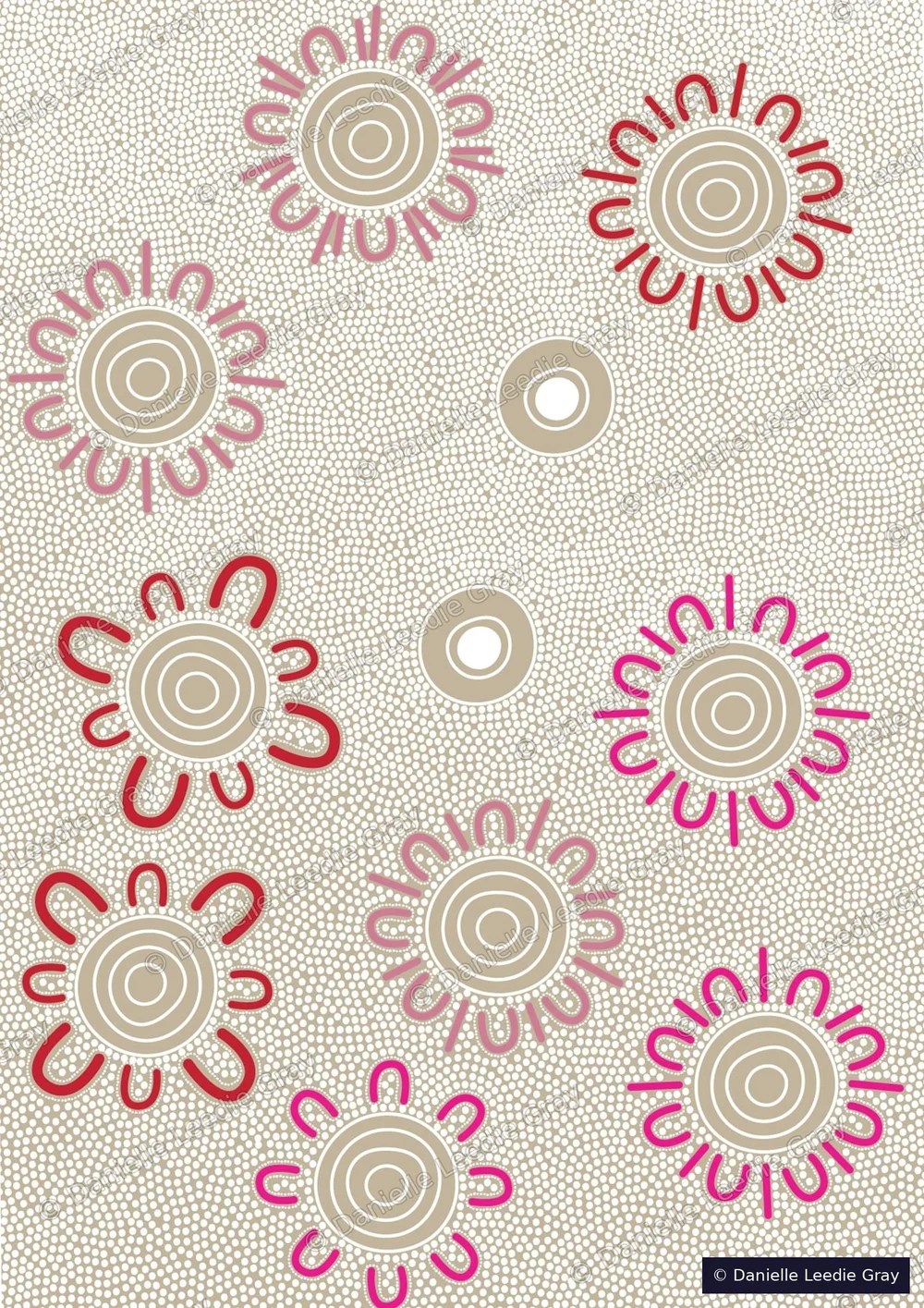 Home on Country by Danielle Leedie Gray: pink and red sun-like circles over a sand-coloured dot background