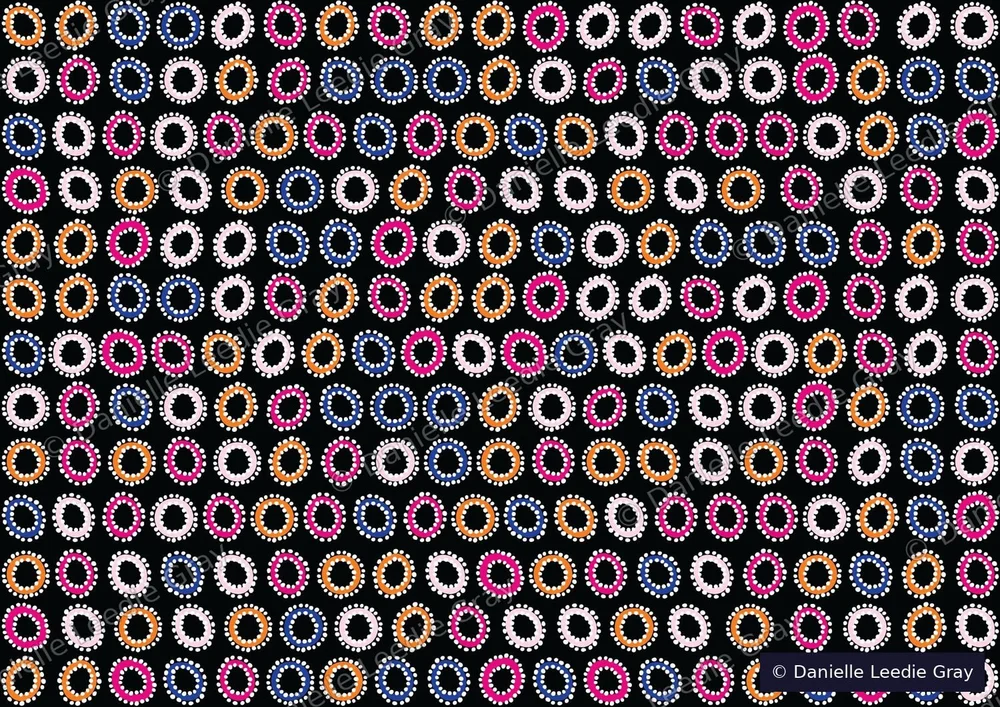 Fruit Flower by Danielle Leedie Gray: rows of small dotted circles in pink, orange, blue and white on black