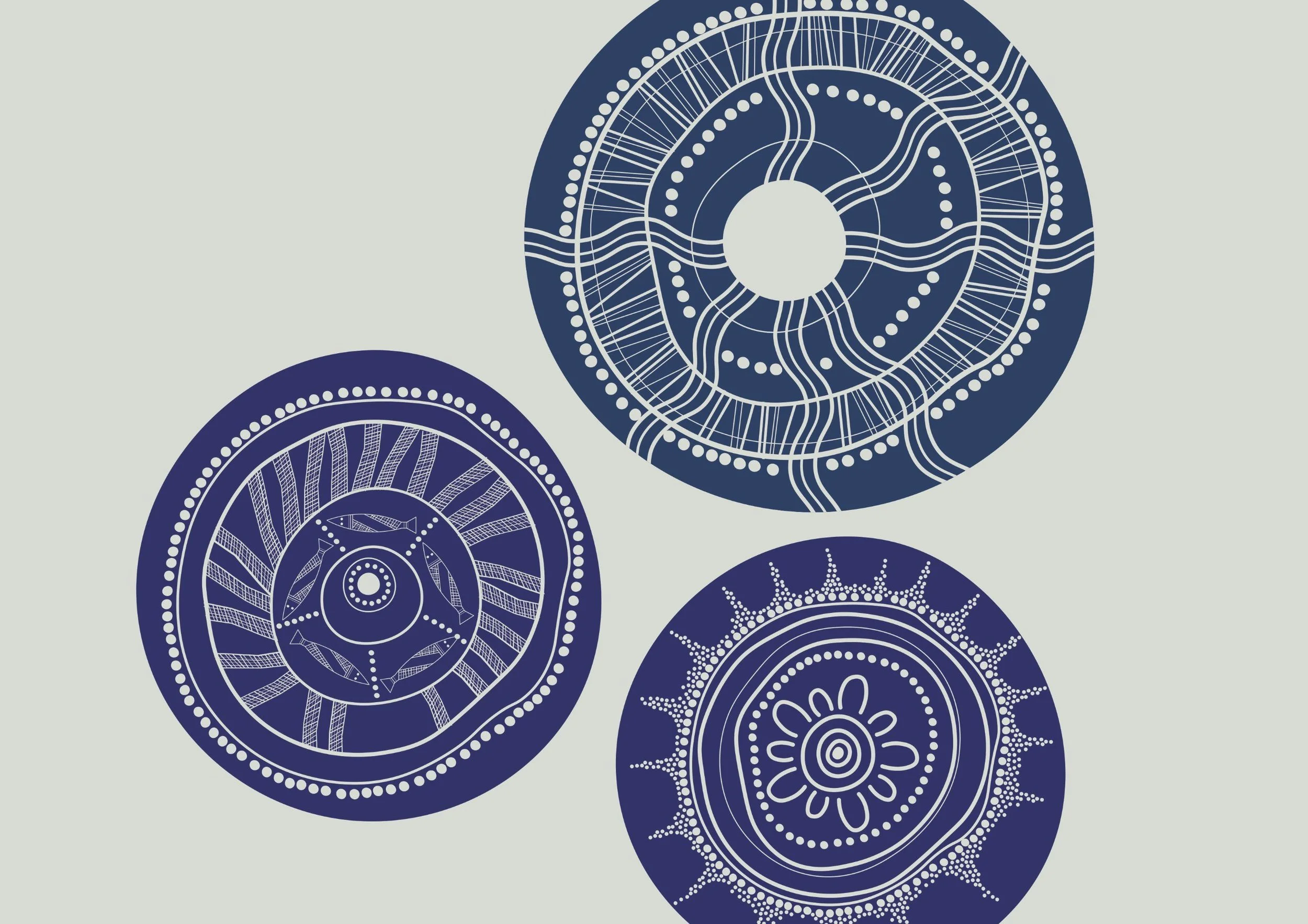 Three navy circular artworks by Danielle Leedie Gray for Gourmet magazine's history of fishing in Australia