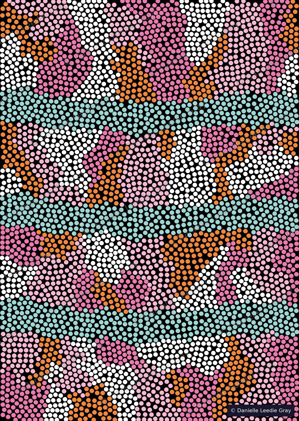 Bloom by Danielle Leedie Gray: a dense dot pattern in pink, orange, white and teal on a black background