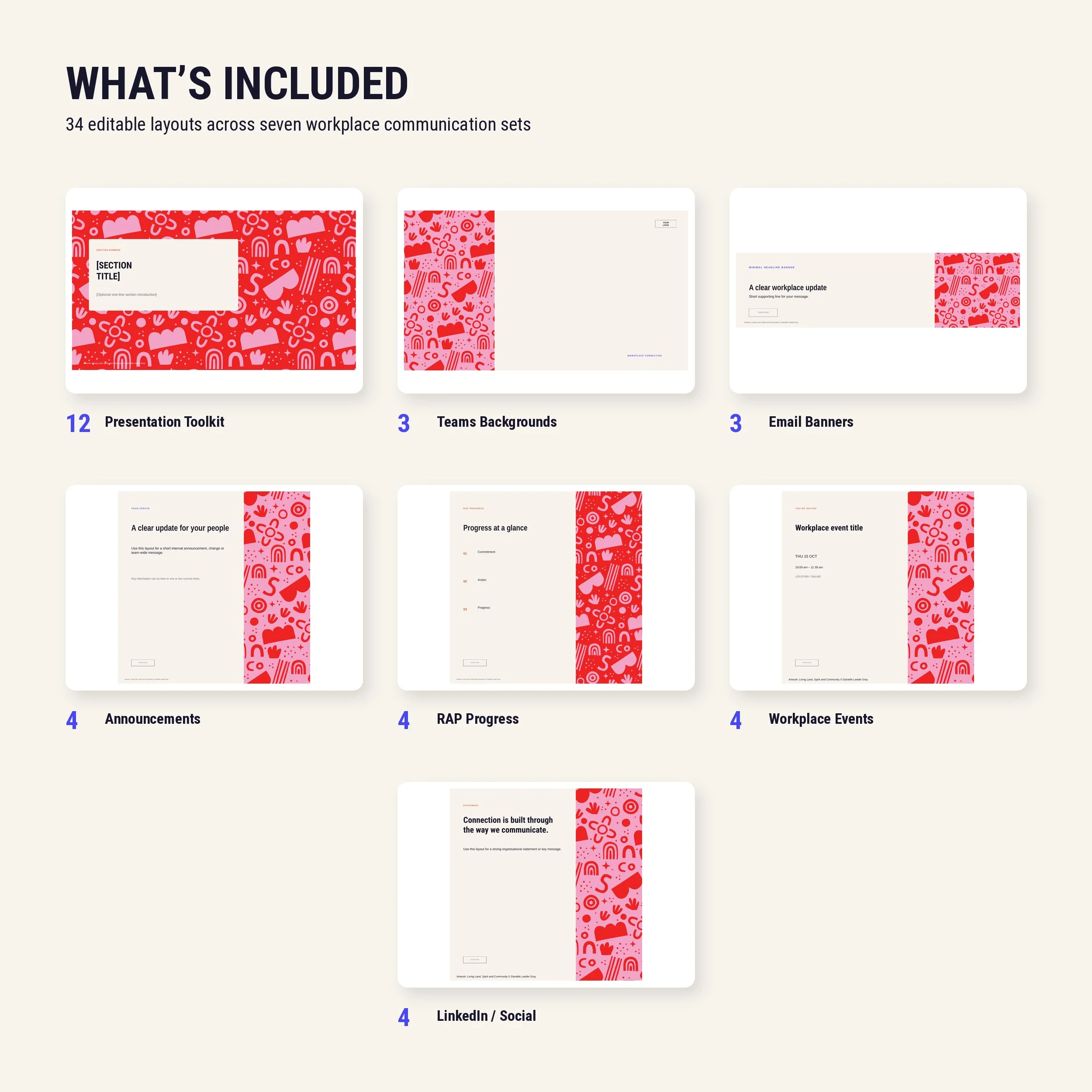 What's included in the Workplace Connection Collection – 34 editable layouts across seven categories