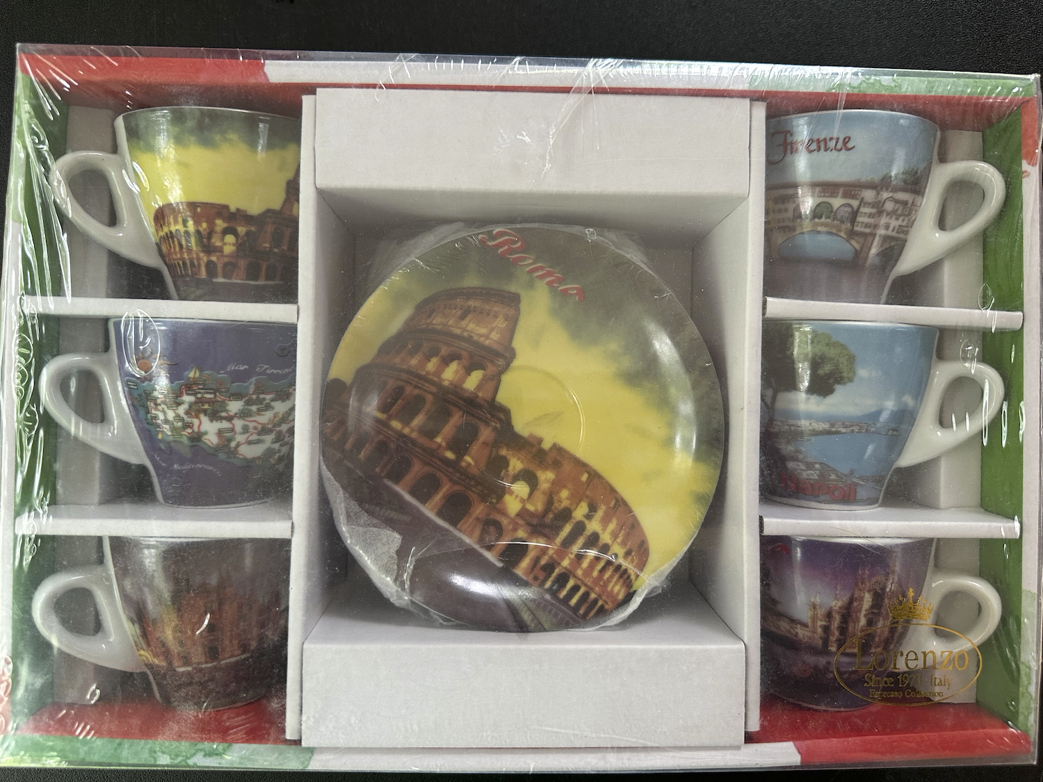 Cappuccino set with scenes of regions of Italy.