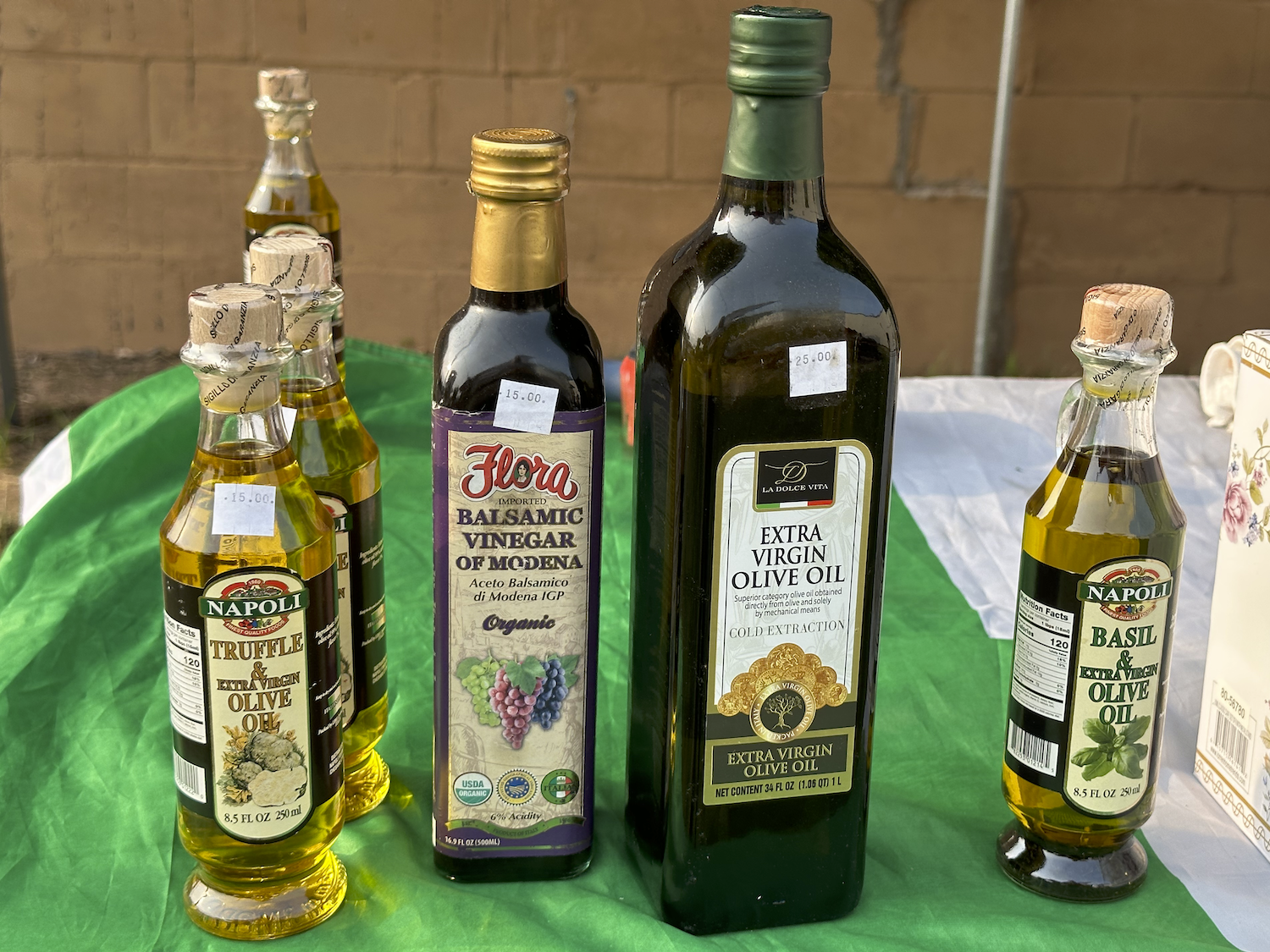 Truffle Oil, 
Balsamic Vinegar, 
Extra Virgin Olive Oil, 
Basil Oil, and other oils and vinegars from Italy.