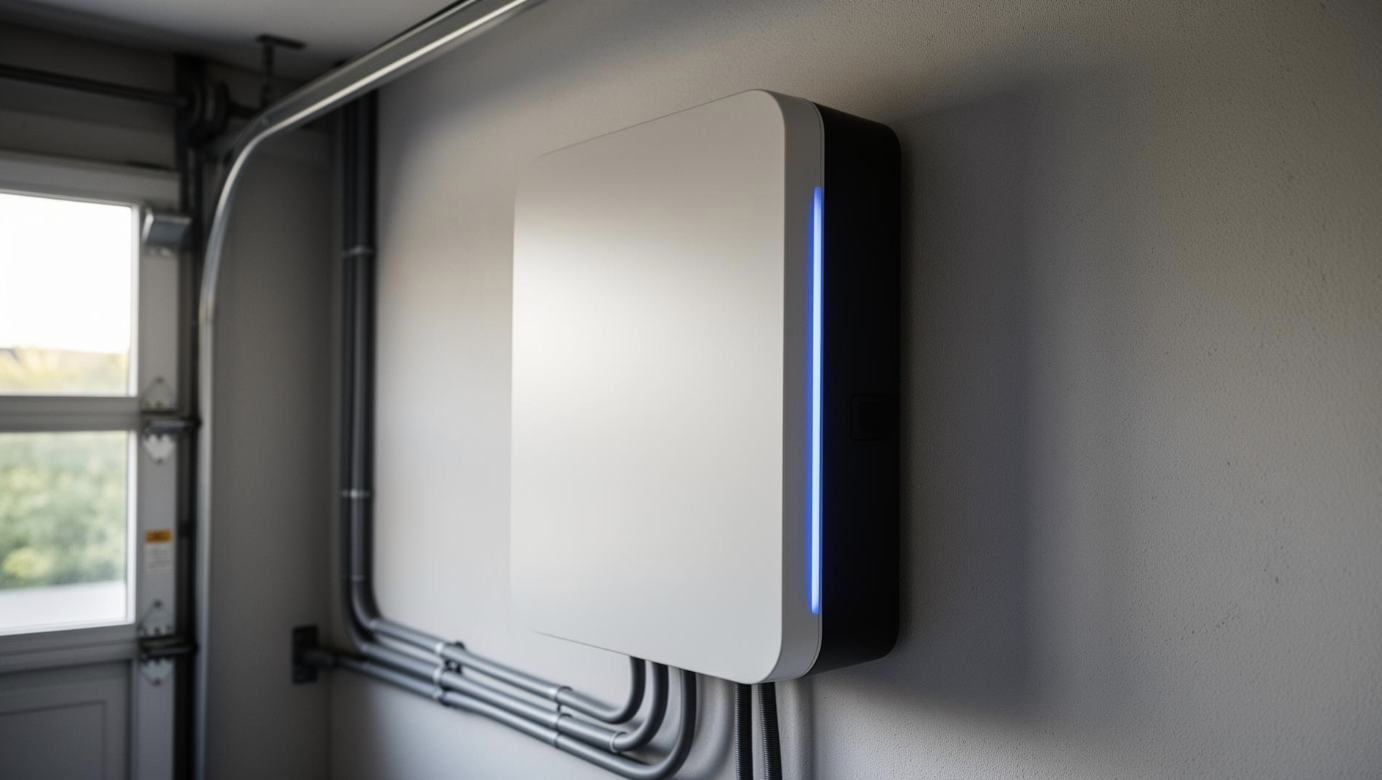 A modern wall-mounted home battery — the heart of a solar backup system.
