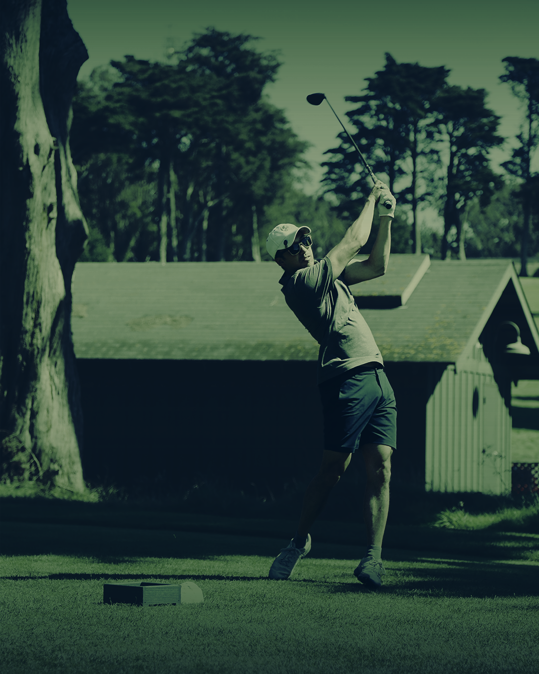 Person playing golf, swinging a club on a golf course with trees in the background.