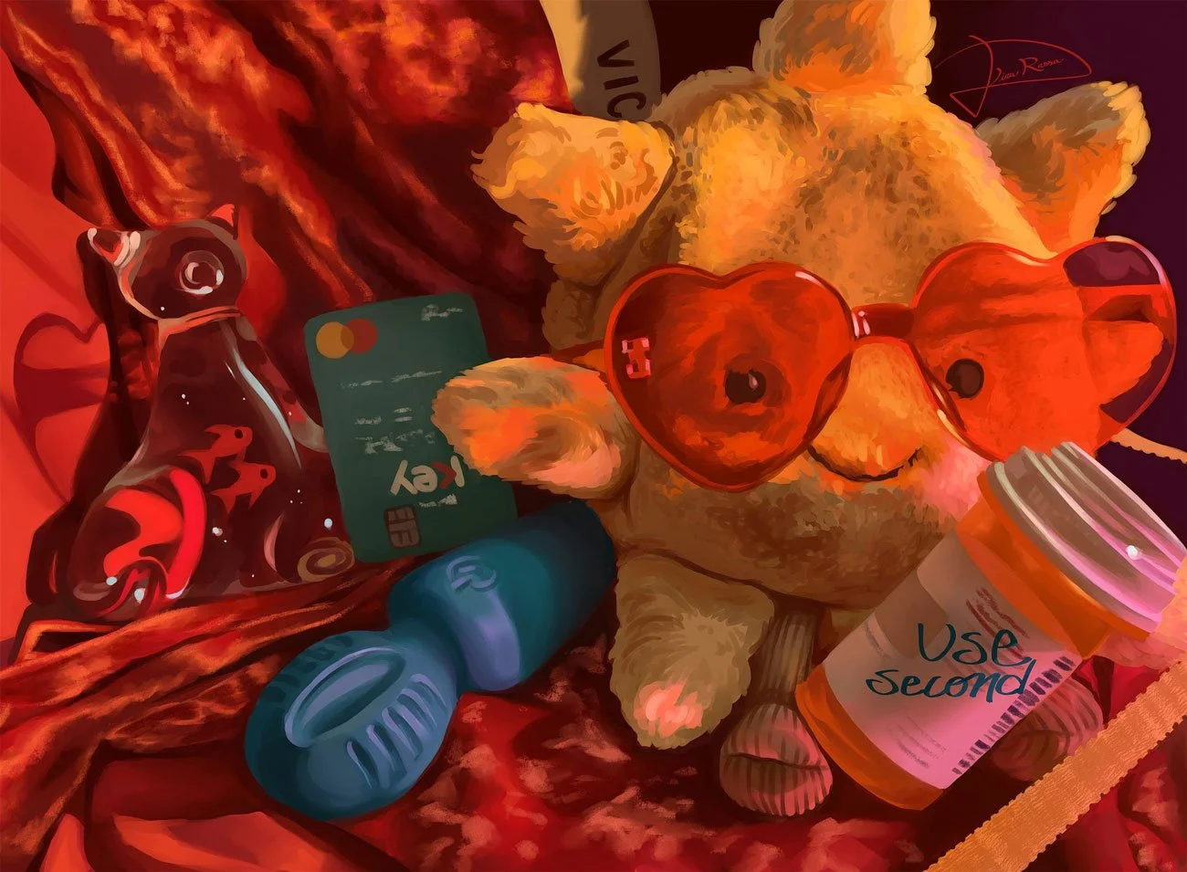 A vibrant and colorful still life meant to depict me as a person. a sun plush wears heart-shaped sunglasses with a pill bottle in their lap. A teal vibrator peeks out from behind the sun as well as a Septa keycard and a glass cat figurine with little