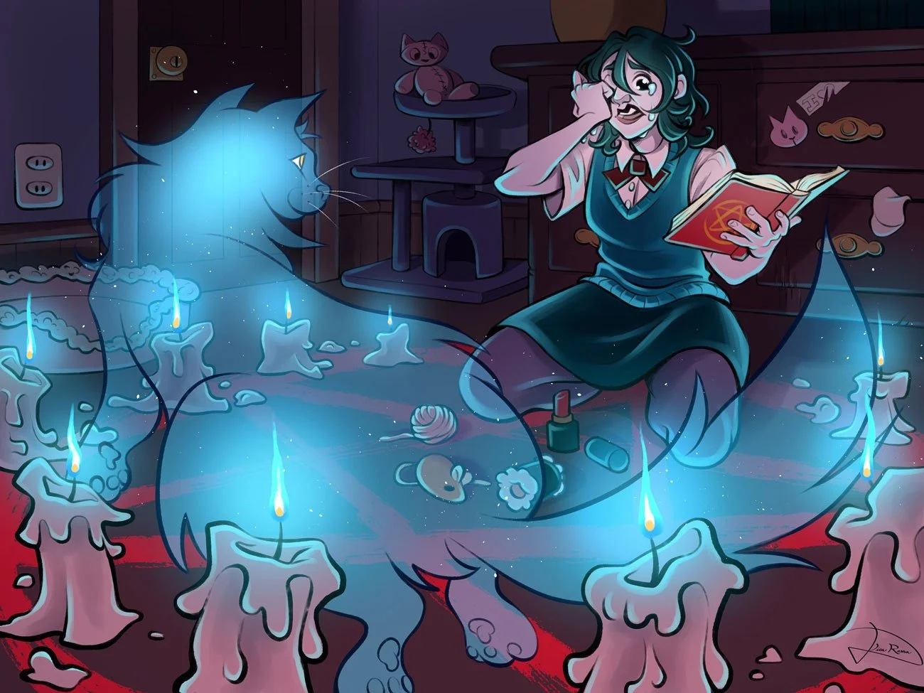 A fantastical scene where a teenage girl summons the ghost of her dead cat in her bedroom. Candles glowing blue have been placed in a circle around a pentacle drawn from lipstick. Around the room and inside the summoning circle are mementos of the ca