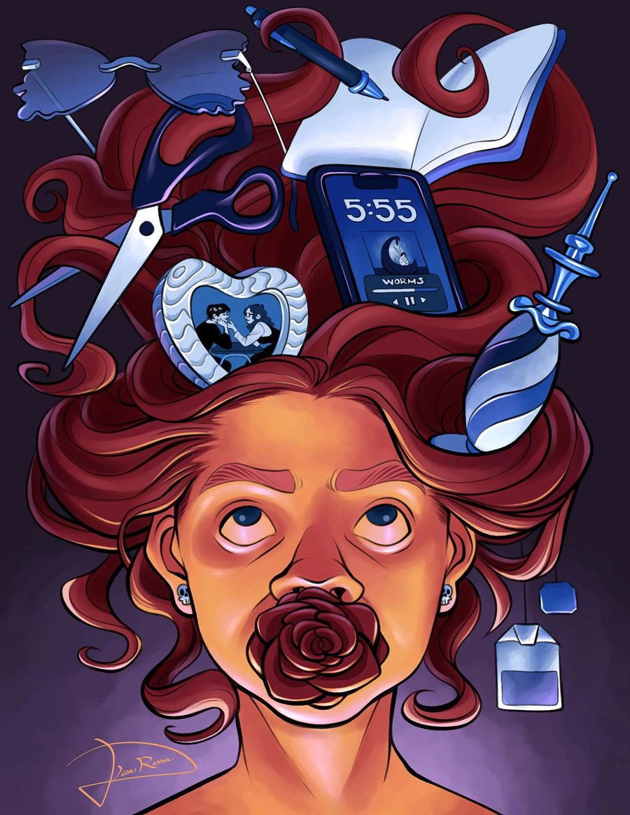An imaginative self portrait with all of my favorite objects at the time or objects I felt described me suspended in my hair. This piece is rendered with dramatic lighting and exaggerated colors to emphasize the dreamlike nature of it all.