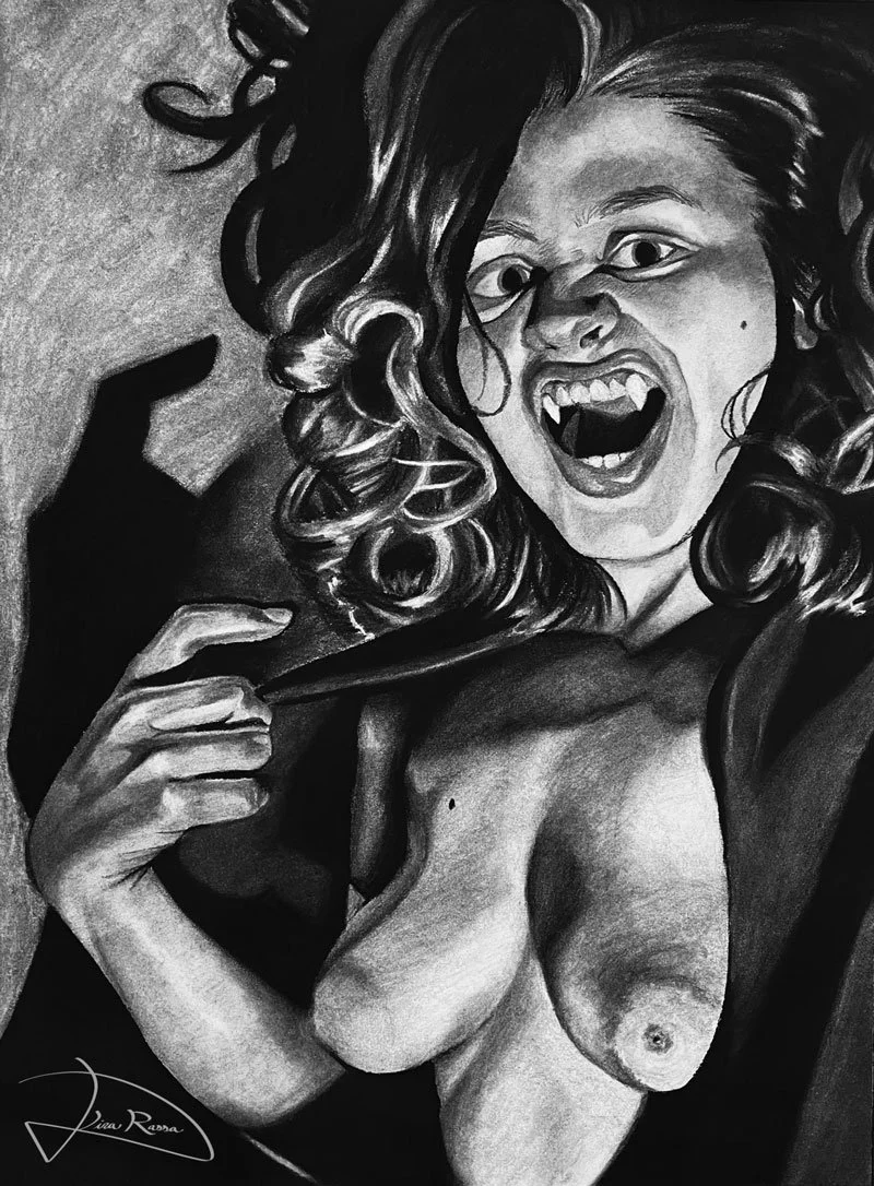 A vampiric charcoal self portrait with breasts bared just as much as my teeth. 