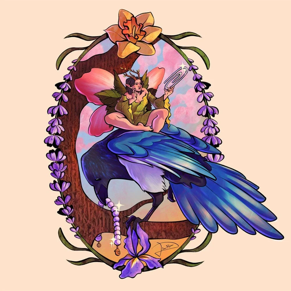 A fantasy illustration of a fairy with rose petal wings perched atop a magpie. The fairy curiously inspects a shiny paperclip while the magpie picks up a sparkling pearl bracelet from a branch it stands on. A beautiful border of lavender, irises, and