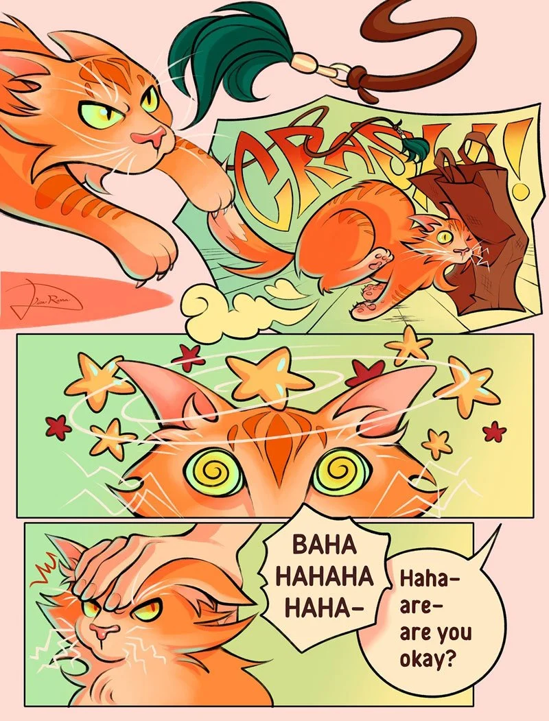 A funny comic page about the time my cat ran into a paper grocery bag when I was playing with him. This page is colorful, dynamic and particularly cartoonish. 