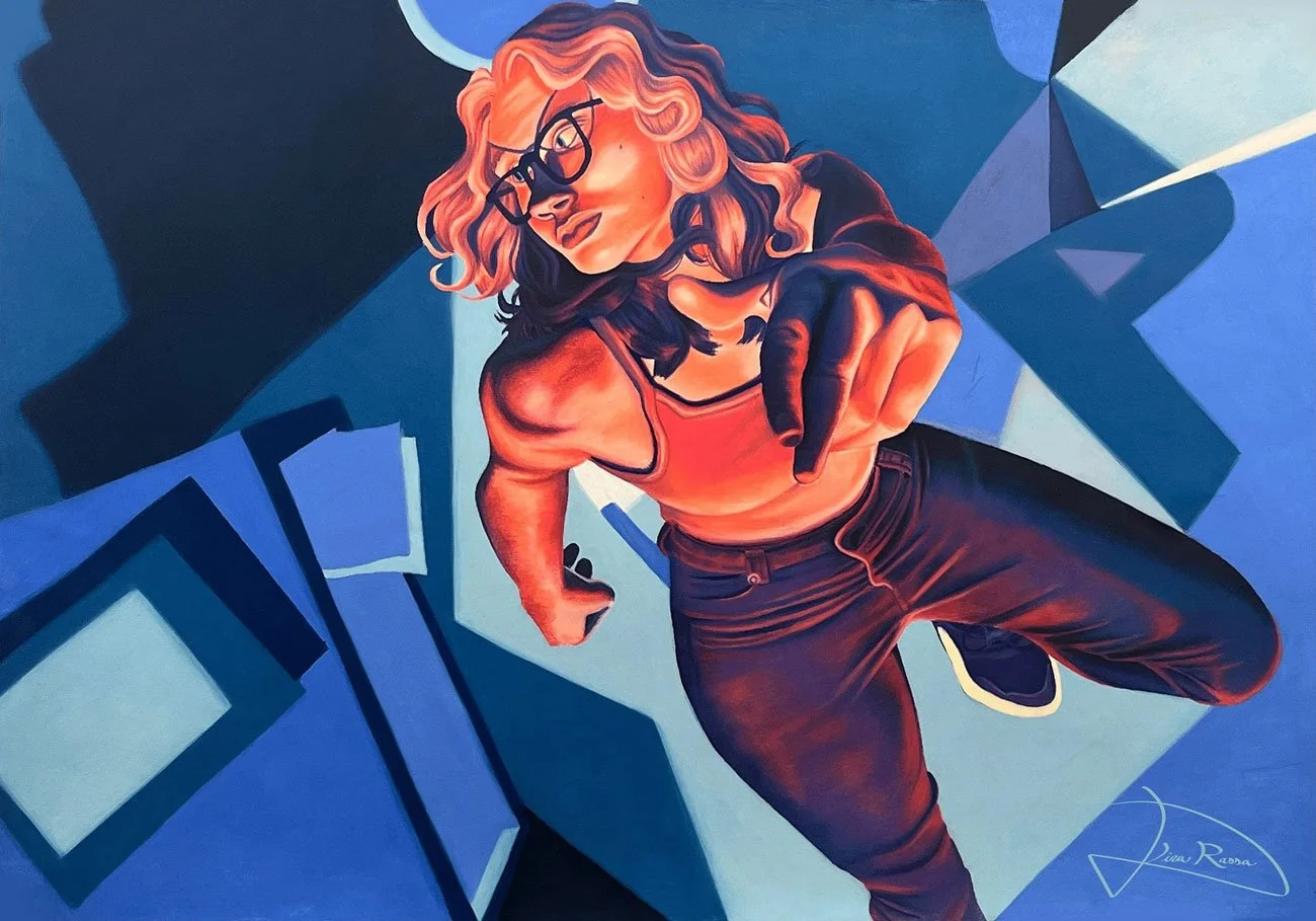 A vivid self portrait depicting a confident pose and a bird's eye perspective. The figure is incredibly detailed and warm while the background is more abstracted and cool toned.