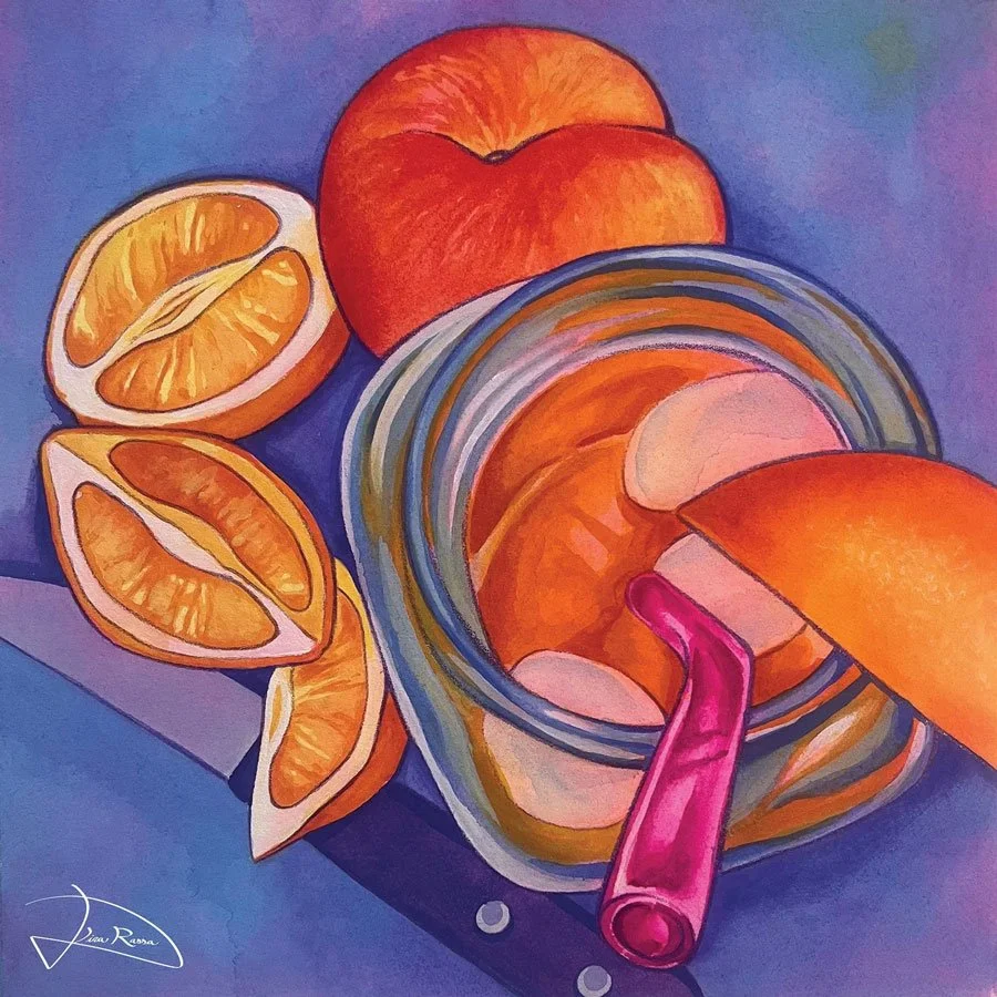 A saturated, summery gouache painting of peaches, lemons, and a glass jar full of lemonade with a lemon on the rim and a pink straw. I knife used to cut the lemons sits to the side against the blue background.