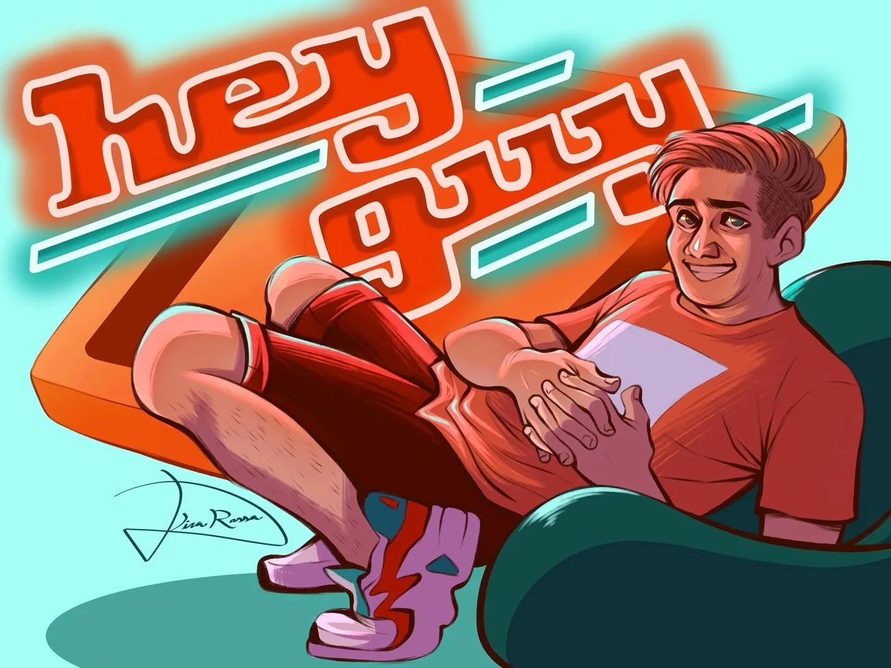 Postage stamp art of Youtube comedian and commentary channel Drew Gooden. He leans on his moon pod with an awkward smile, his iconic "Hey Guy" neon sign behind him.