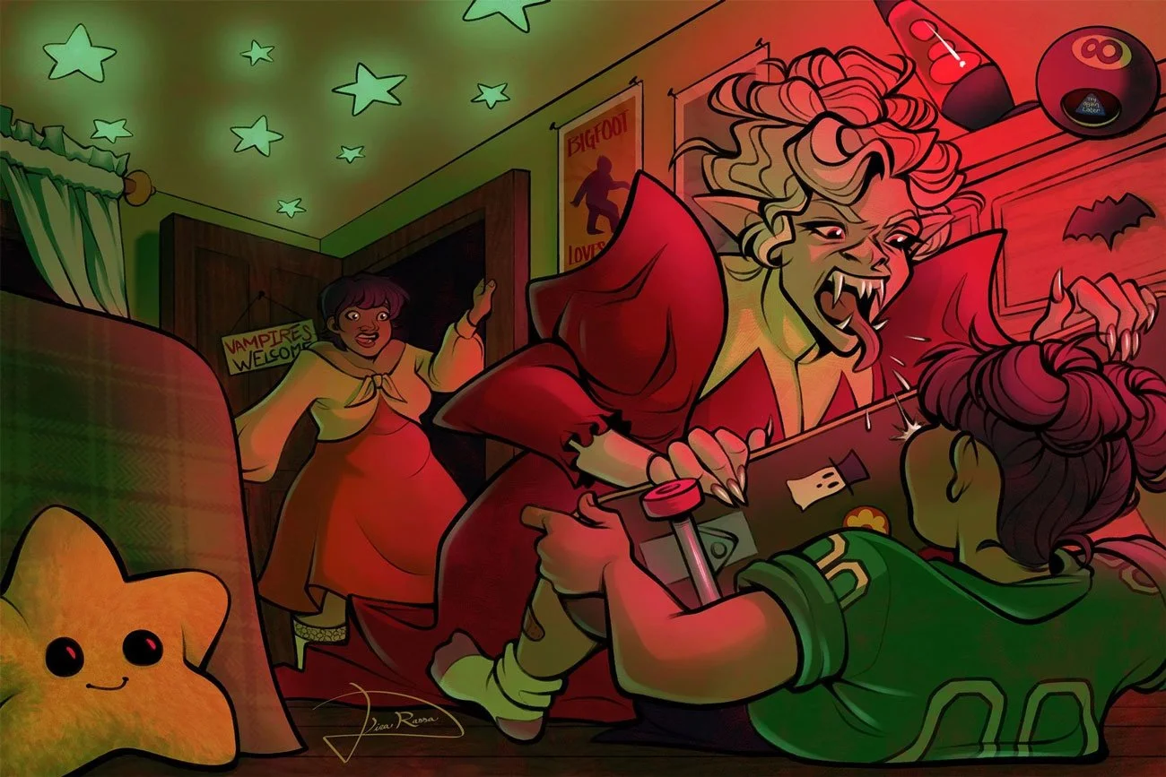 A vibrant red and green illustration that depicts a Victorian vampire woman snarling and leaning over a child defending herself with a skateboard. The bedroom is whimsical and features references to cryptids and star motifs. A woman, the child's moth