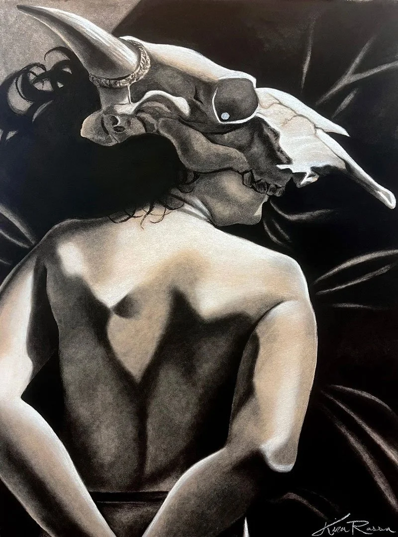 A charcoal drawing on tan toned paper of a figure viewed from behind, hands behind her back and her head replaced by a cattle skull.