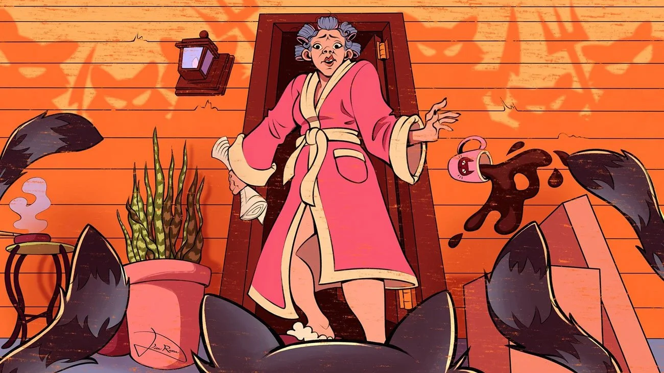 This piece was originally an editorial piece to go with an article about a woman who fed the raccoon population in her neighborhood until 50 of them showed up and harassed her for food. Embracing and pushing the hilarity, the illustration shows the w