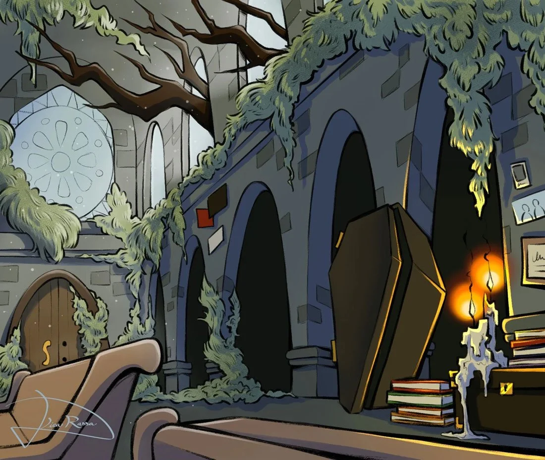 Environment concept art for a vampire story, this eerie abandoned cathedral would have served as the vampires' home. Cloudy grey light floods into the cathedral and tree branches poke through the windows. A coffin rests propped up against a wall next