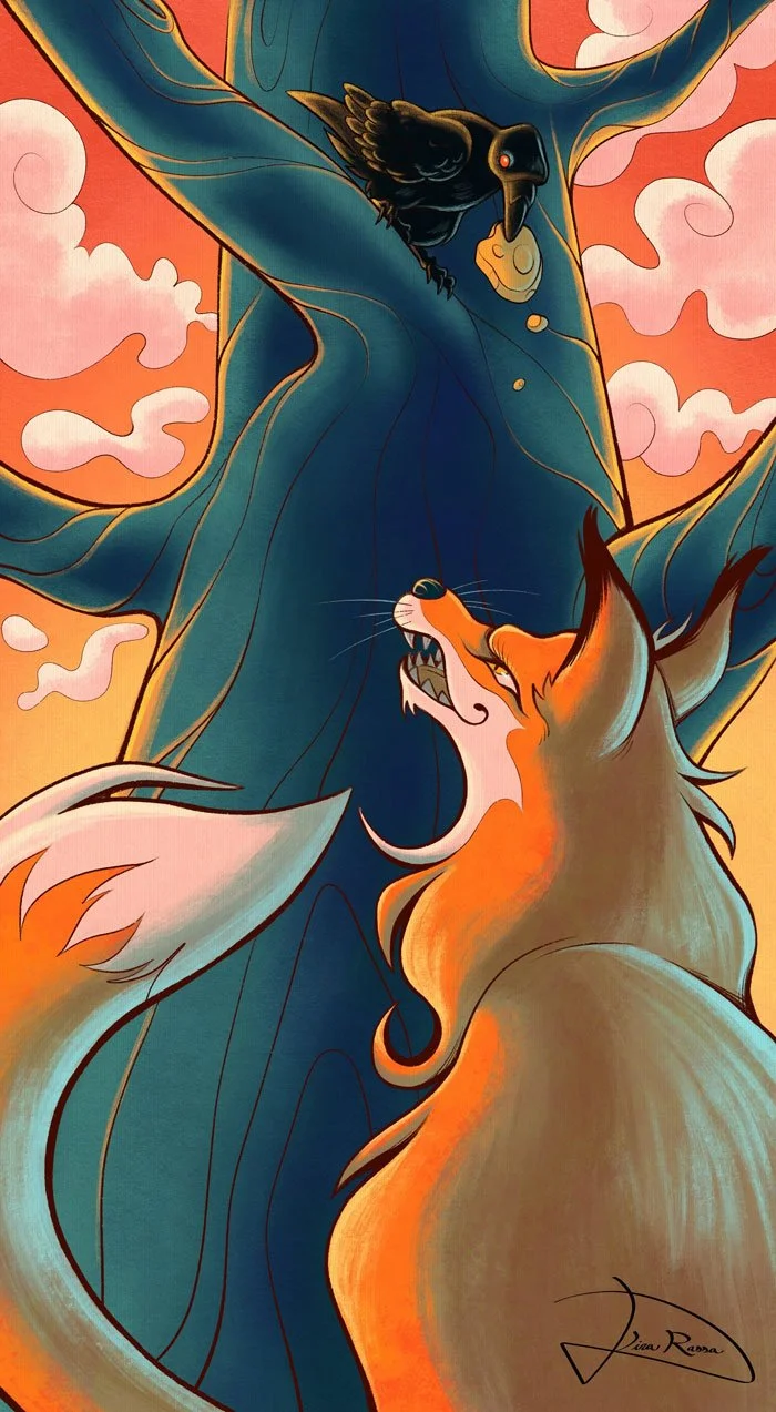 A vibrant, dynamic illustration inspired by the fable "The Fox and the Crow", where the fox is looking up at the crow who is holding a piece of cheese in its beak, with a colorful sky background.
