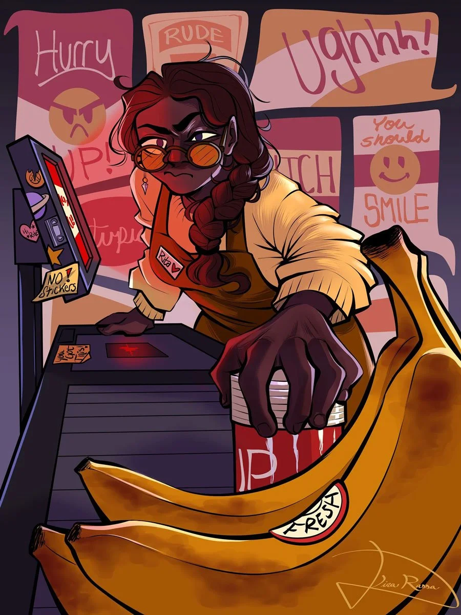 A frustrated cashier deals with the unwarranted comments of customers in the form of speech bubbled surrounding her head. The screen of the computer flashes red as she scans items and grips a can of soup so hard she scratches it. ripe bananas frame t