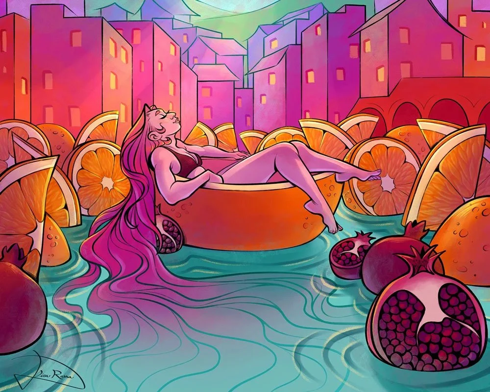 A colorful digital illustration of a woman with long pink hair relaxing in a giant orange slice boat surrounded by other orange slices in water. The background depicts a cityscape with buildings in shades of pink and purple with green mountains and a