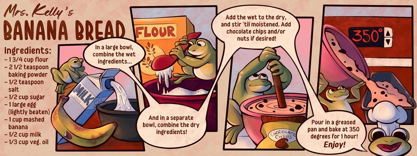 A sweet and funny illustrated recipe for banana bread told in comic form by a cute frog narrator. Suitable for a children's book or Illustrated cookbook.