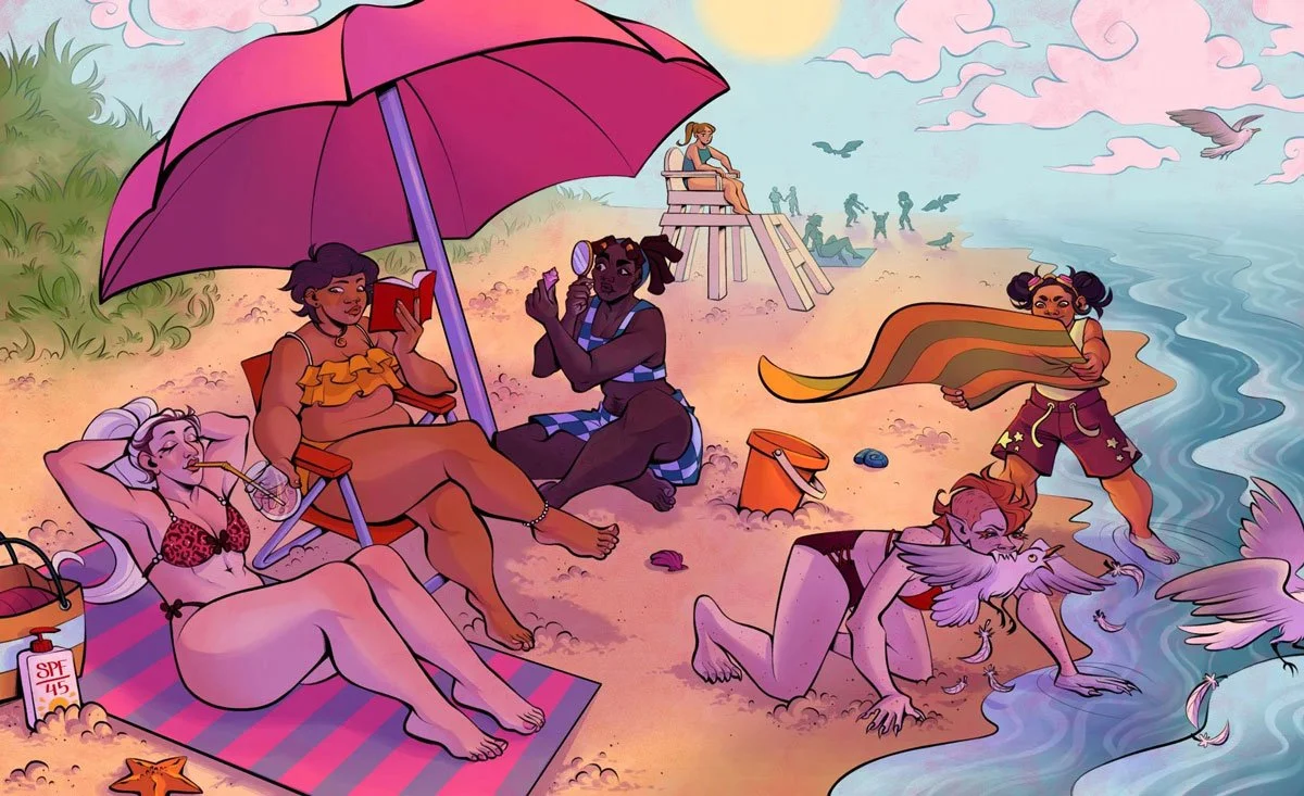 A cute, funny illustration of a group of characters at the beach. Some are relaxing, one holds a drink so the other can drink from it while she does sit-ups. Another character inspects seashells under a magnifying glass. The child character holds a b