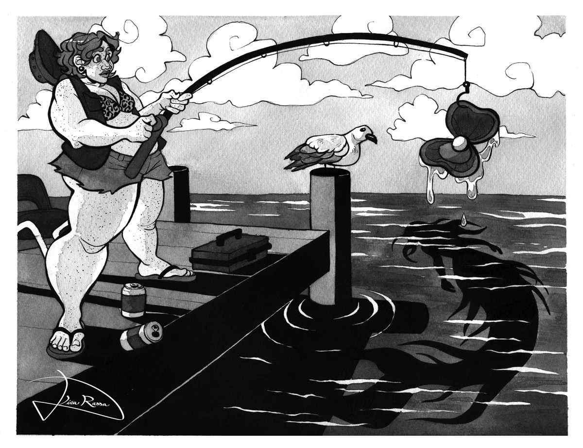 An ink illustration of a woman fishing on a pier. Instead of a fish, she pulls up a heart-shaped clam with a pearl inside as the shadow of a mermaid swims away. She looks surprised at this, as does a seagull who cocks its head at the scene.