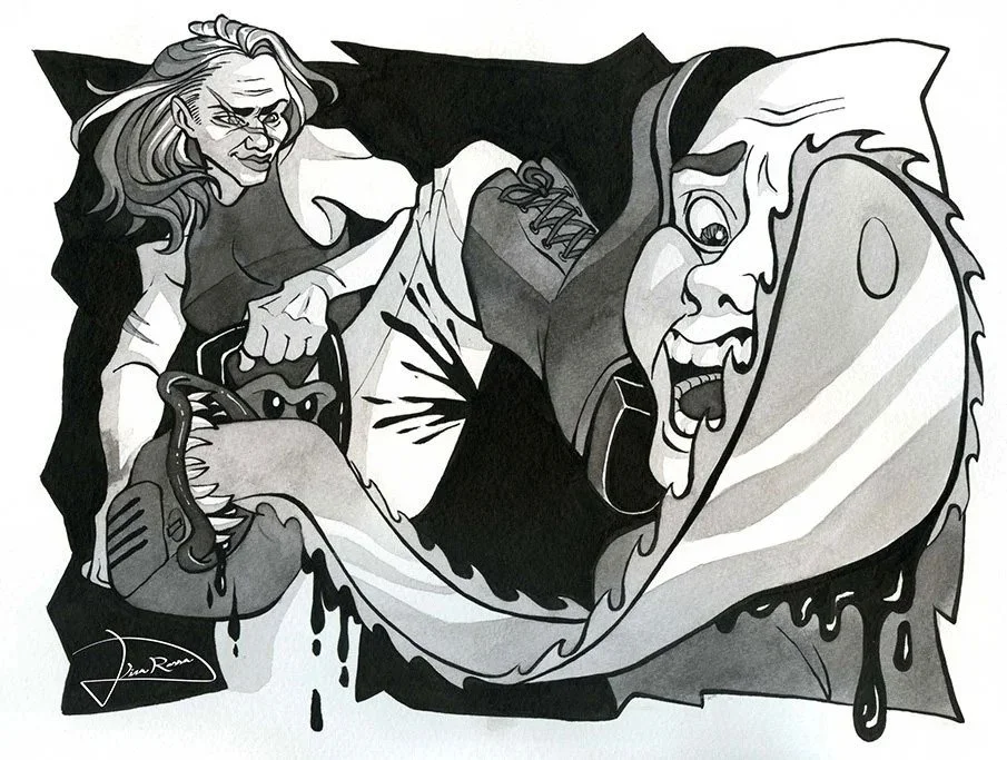 A black and white ink illustration of a woman with an anthropomorphic chainsaw. The chainsaw has a long tongue that stretches across the page to threaten a man with a scared expression.