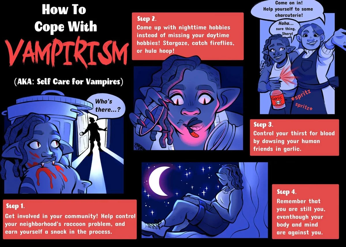 A colorful infographic titled "How to Cope with Vampirism (AKA: Self Care for Vampires)" with four illustrated steps. 
